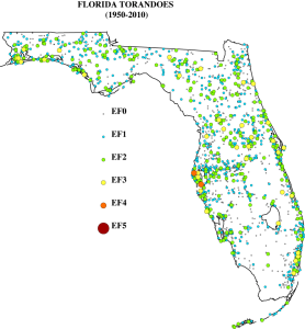 Where tornadoes are most likely to occur in Florida, by type/strength. FSU.