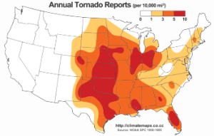 Climatology for all tornadoes (EF0 - EF5). Notice the relatively high number of total tornadoes that impact the central Florida peninsula.