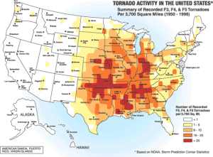 Climatology of strong to violent (EF3 - EF5) tornadoes. Notice that although Florida receives a relatively high number of total tornadoes, it receives relatively few strong to violent tornadoes. 