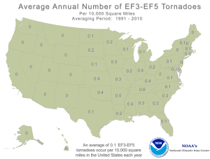 Average annual number of strong to violent (EF3 - EF5) tornadoes per state per 10,000 square miles. Notice that Kansas experiences on average 4x more strong tornadoes per square mile than Florida.
