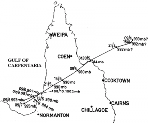 Most likely track of Tropical Cyclone Mahina. Image credit: Whittingham, 1958