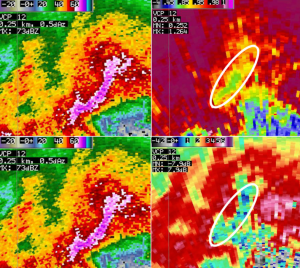 An example of hail identified via dual-pol radar. Areas of very high reflectivity (pinks and purples, panels on left) were coincident with low correlation coefficient values (upper right) and low differential reflectivity values (lower right). Together, this indicates large hail and hail mixed with rain in the regions circled in white. Areas of high CC and high ZDR indicate large raindrops and high rainfall rates. Source: NOAA