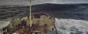 A rare rogue wave caught on camera as it passes a large ship on otherwise calm seas. Credit: NOAA.