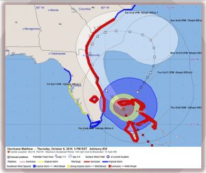 Official National Hurricane Center forecast for Hurricane Matthew as of October 6, 2016, with the storm's wind field marked. Credit: NWS Jacksonville