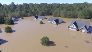 An entire neighborhood is engulfed by water due to inland flooding associated with Hurricane Matthew in early October 2016. Credit: Quavas Hart.