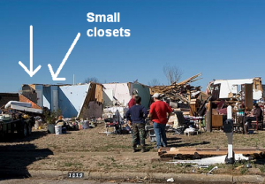 Small closets remain intact after a tornado ravaged this neighborhood. Credit: Alabama Wx Blog