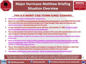 A briefing from the NWS Jacksonville forecast office on the expected local impacts from Hurricane Matthew. Note that storm surge was the primary concern. Credit: NWS Jacksonville