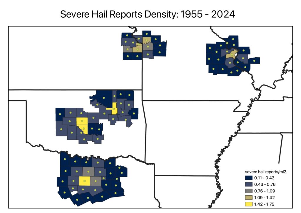 Map showing the number of severe hail reports per square mile in each county in the study area.